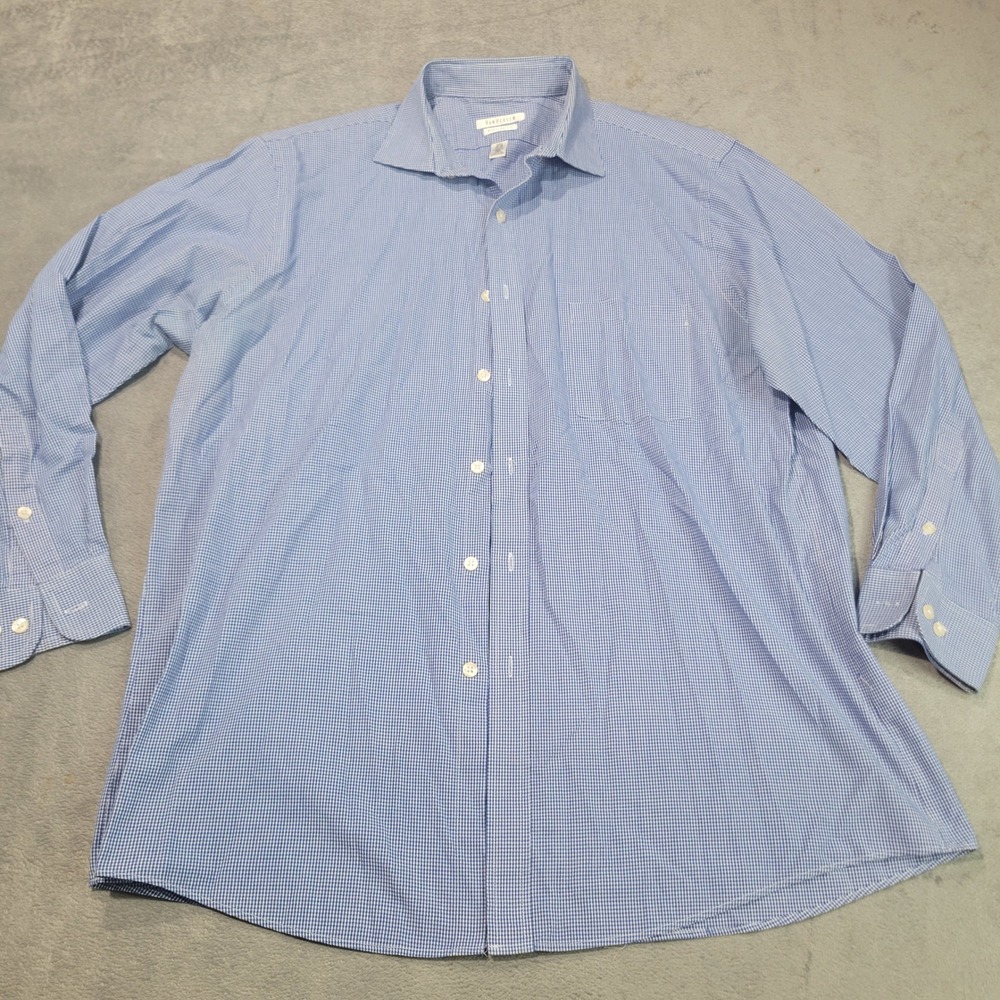 Van Heusen Dress Shirt Men 16.5 32/33 Blue Gingham Regular Fit Wrinkle Free Work